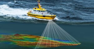A ship performing hydrographic surveys